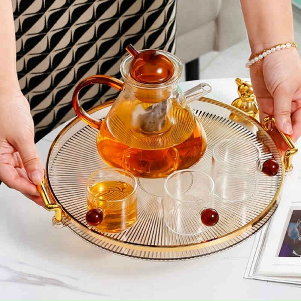 Khay đựng đồ hình tròn có tay cầm viền vàng sang trọng chất liệu nhựa Acrylic cao cấp