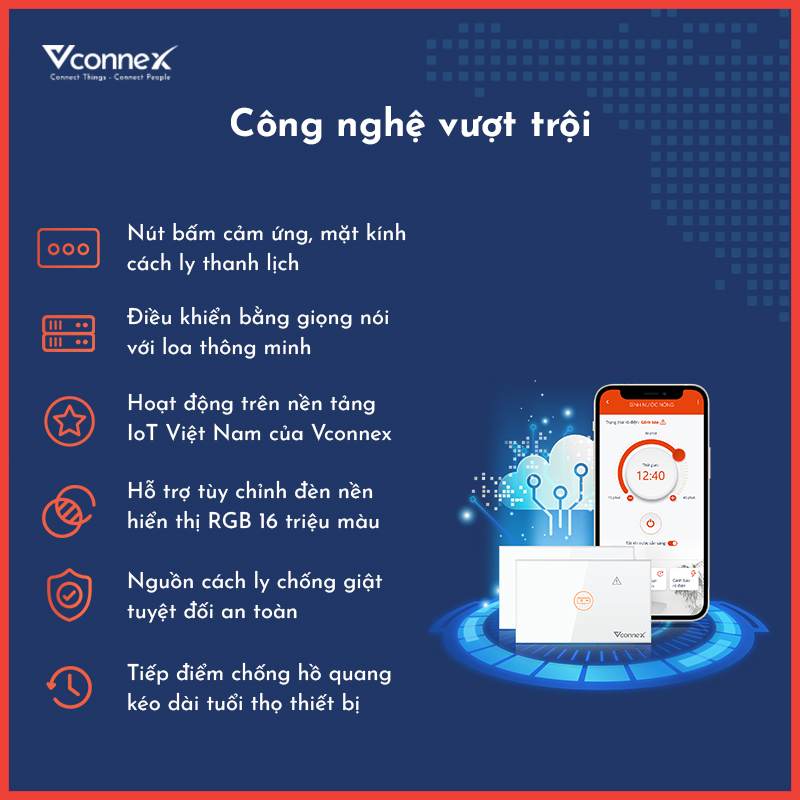 Công tắc bình nóng lạnh chống giật, không viền, Wifi 2.4 Gz, Vconnex