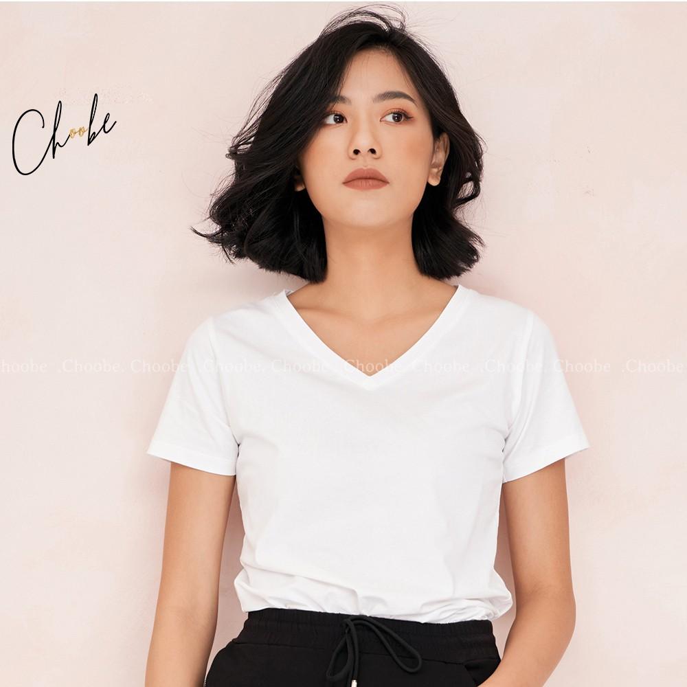 Áo thun nữ Choobe cộc tay cổ tim dáng suông phông trơn vải cotton co giãn tốt - A18