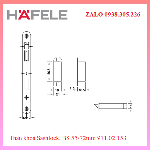 Thân khoá Hafele Sashlock, BS 55/72mm 911.02.153