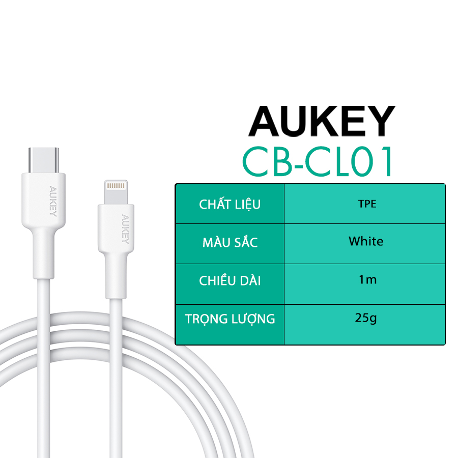 Cáp Sạc C To Lightning Aukey CB-CL01 Chuẩn MFi Apple Cao Cấp Dài 1 Mét - Hàng Chính Hãng