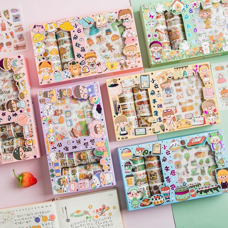 Hộp 10 Cuộn Washi Tape Dễ Thương và 10 Tờ Hình Dán Stickers Trang Trí Sổ Hoạt Hình Anime Xinh Xắn