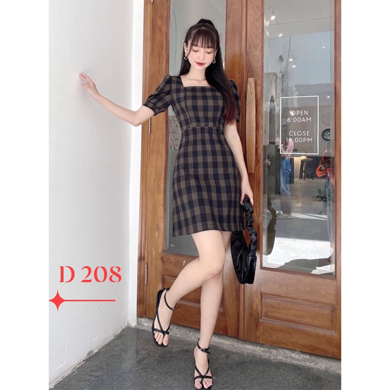 Đầm caro cổ vuông