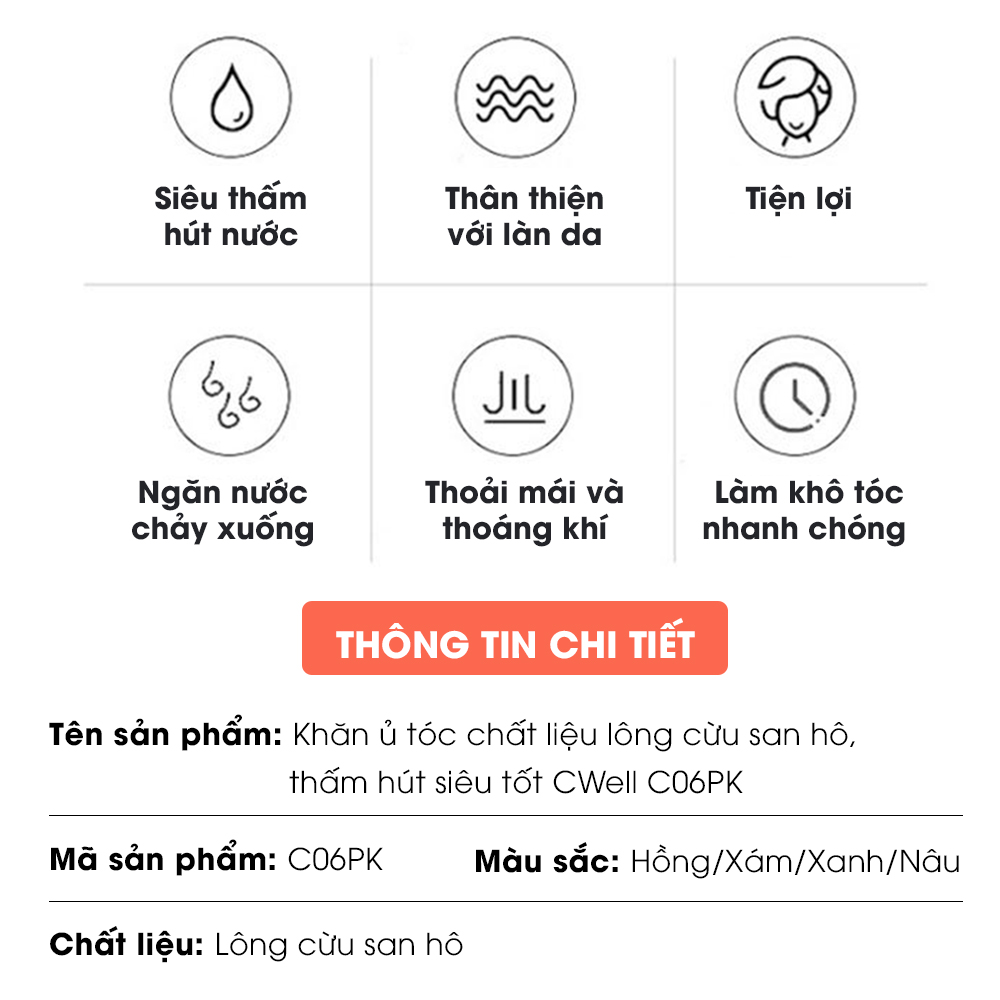 Khăn quấn tóc ủ tóc nhanh khô CWELL, lông cừu san hô siêu mềm, siêu thấm, siêu dày 25x65cm C06PK