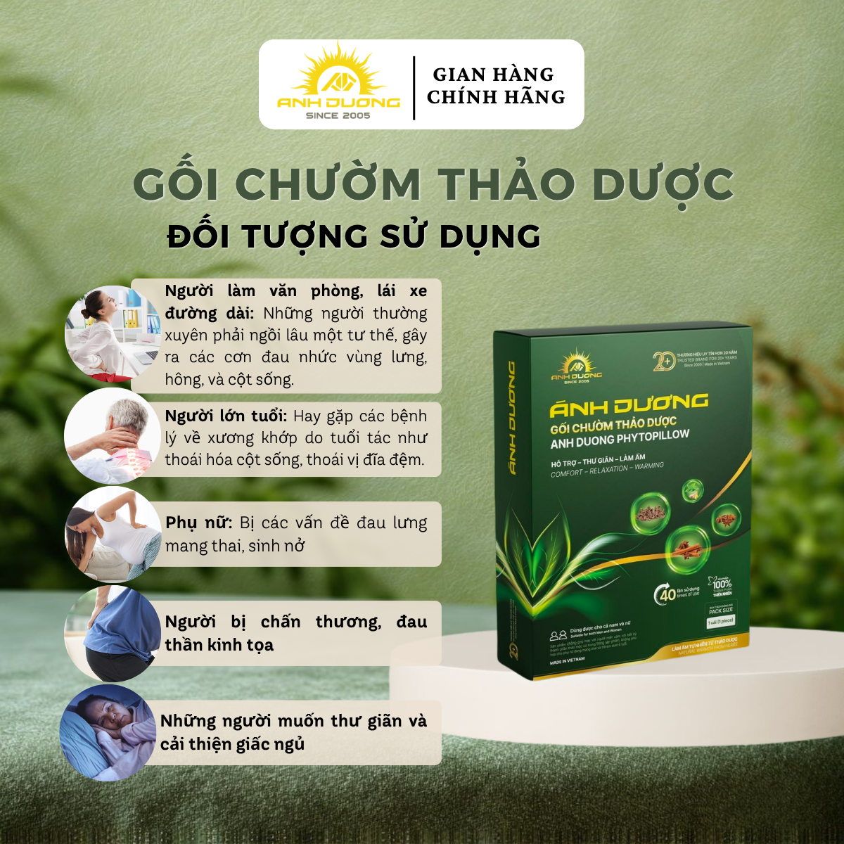 GỐI CHƯỜM THẢO DƯỢC ÁNH DƯƠNG TẶNG 1 CAO XOA BÓP ÁNH DƯƠNG - HỖ TRỢ LÀM ẤM, THƯ GIÃN VÙNG CỔ, VAI, GÁY, LƯNG VÀ CỘT SỐNG