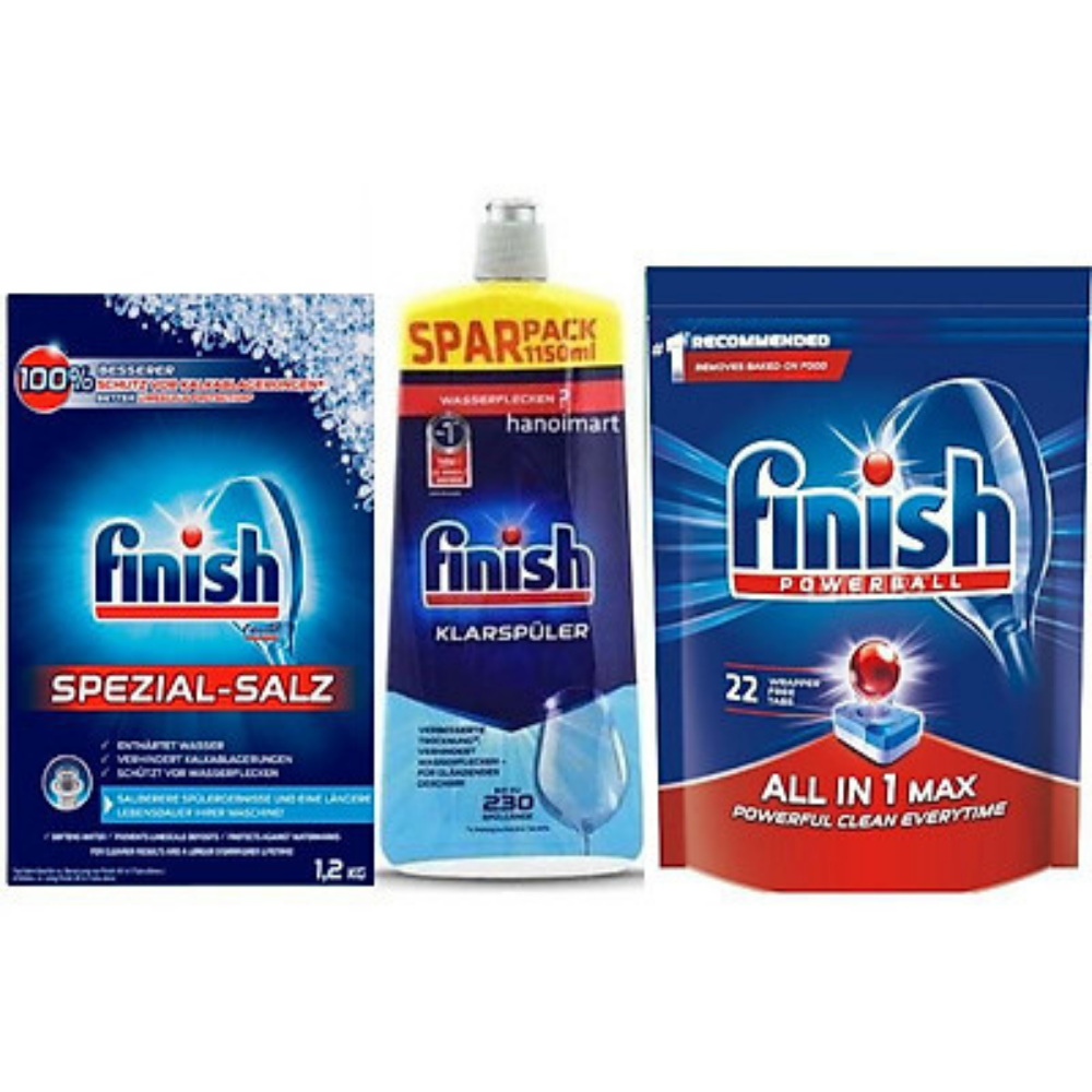 Combo Muối Finish 1.2kg + 1150ml Nước làm bóng finish + Viên rửa bát Finish all in one 22 viên