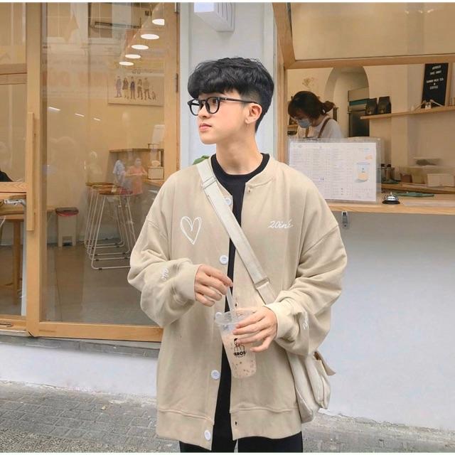 Áo Khoác Cardigan nỉ bông In Tim love 20 Inch - Form rộng Unisex Nam Nữ Couple đều mặc được