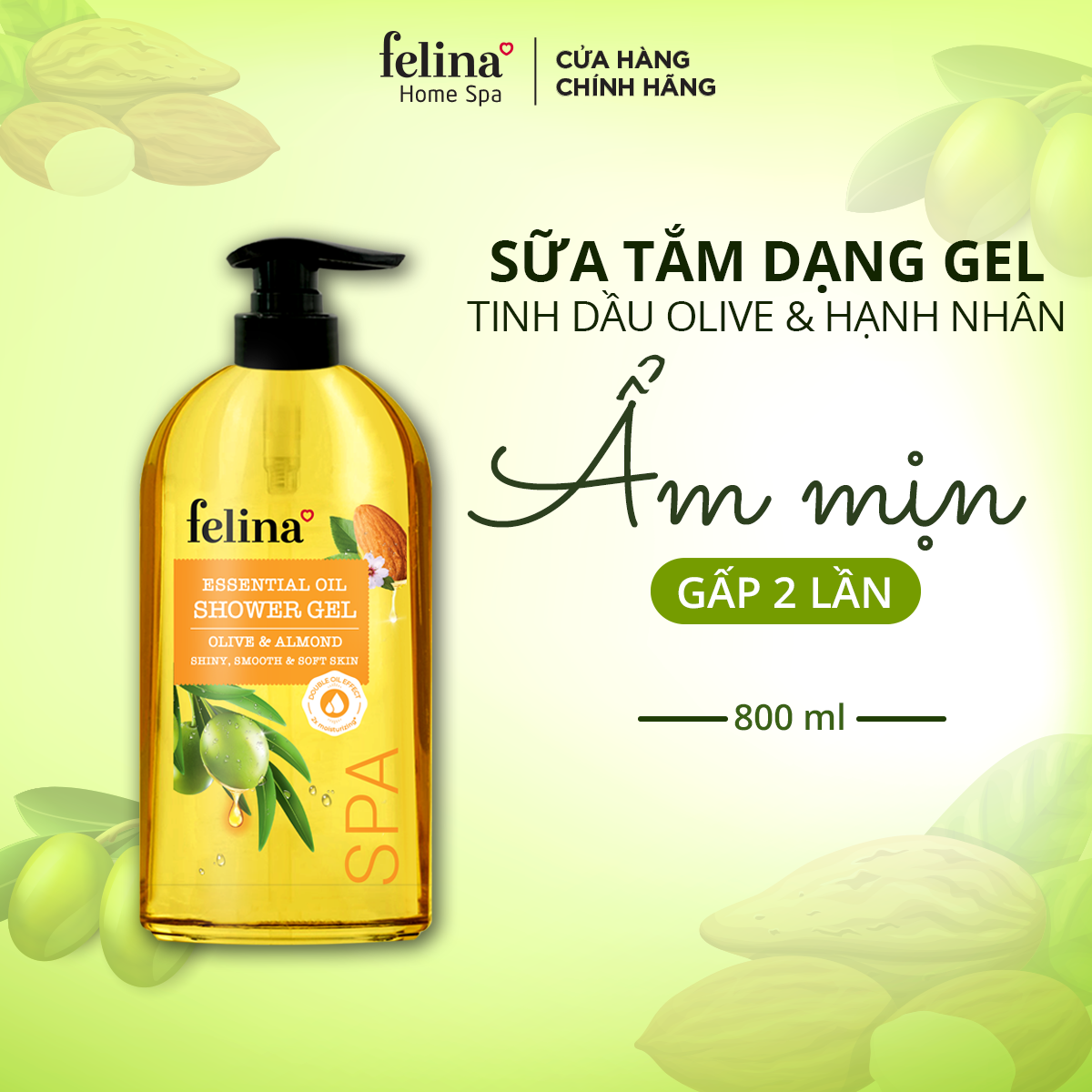 Sữa Tắm Tinh Dầu Dưỡng Ẩm Dạng Gel Felina Home Spa 800ml dưỡng ẩm giúp da mềm mịn, căng mướt gấp 2 lần - Oliu - Argan