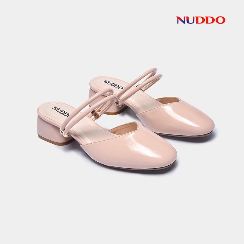 Giày sandal cao gót nữ mũi tròn thời trang NUDDO gót vuông cao 3 phân da bóng phong cách Hàn Quốc