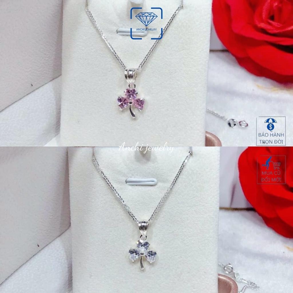 Dây chuyền nữ cỏ 3 lá đính đá nữ bạc thật đeo không đen màu đỏ xanh tím trắng - Anchi jewelry , quà 8 3