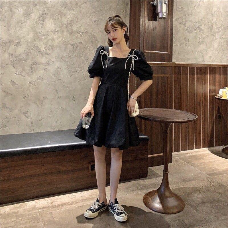 Đầm Nữ Vai Nơ Cổ Vuông Váy Nữ Cộc Tay Dáng Xòe 2 Màu Q027