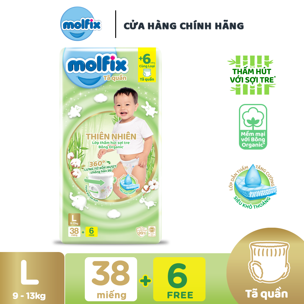 Tã/bỉm quần Molfix Thiên nhiên Jumbo L (9kg - 13kg) - Gói 36+6 miếng