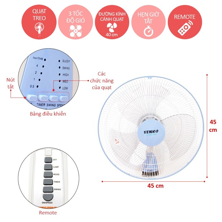 Quạt treo tường Senko TR1683 màu sắc ngẫu nhiên