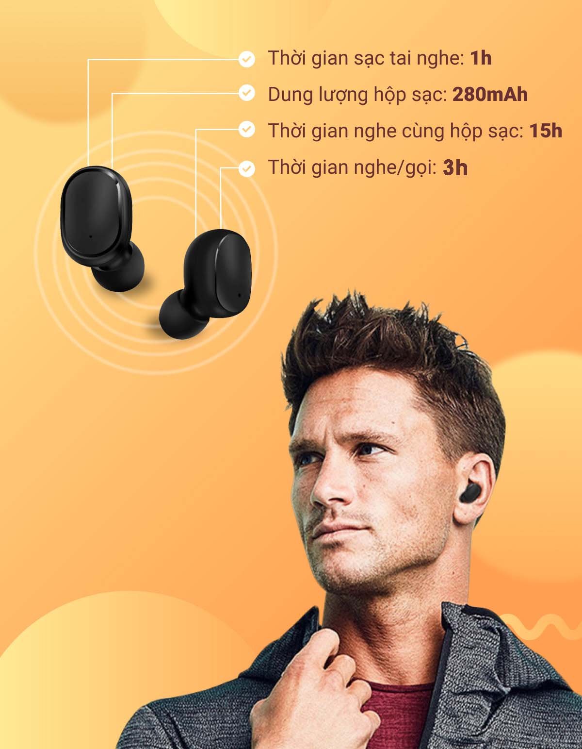 | Xuất Khẩu Mỹ - Nghe 12-15h | - Tai Nghe Bluetooth TWS Không Dây Có Mic  Đàm Thoại - The Deosd TD-A200S C2-X3S - Hàng Chính Hãng