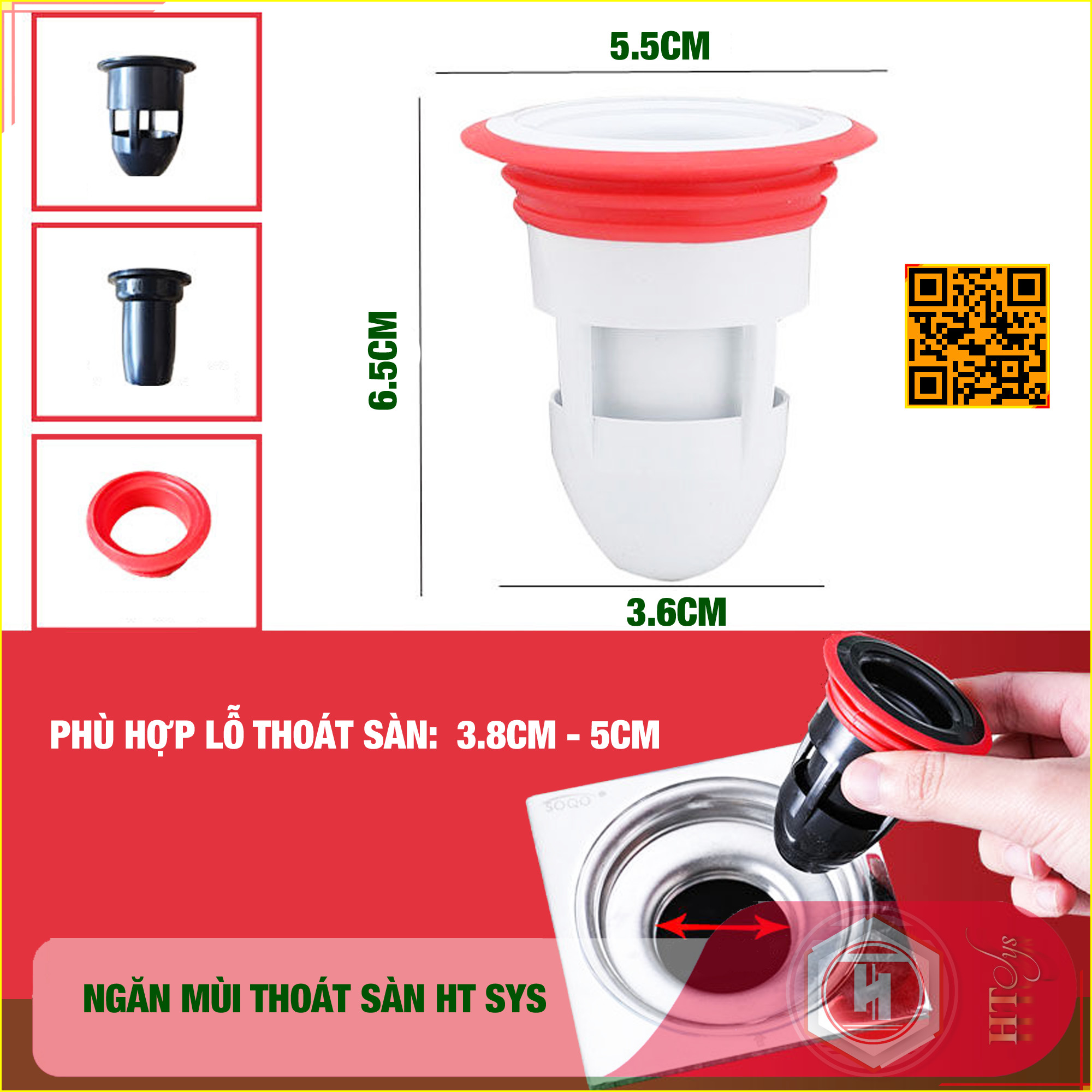 Nắp Chống Mùi Hôi Cống HT SYS - Ngăn Mùi Thoát Sàn, Ngăn Côn Trùng, Chống Trào Ngược - Không Cản Trở Dòng Chảy - Phù Hợp Với Lỗ Thoát Sàn Từ 3.8cm Đến 5cm