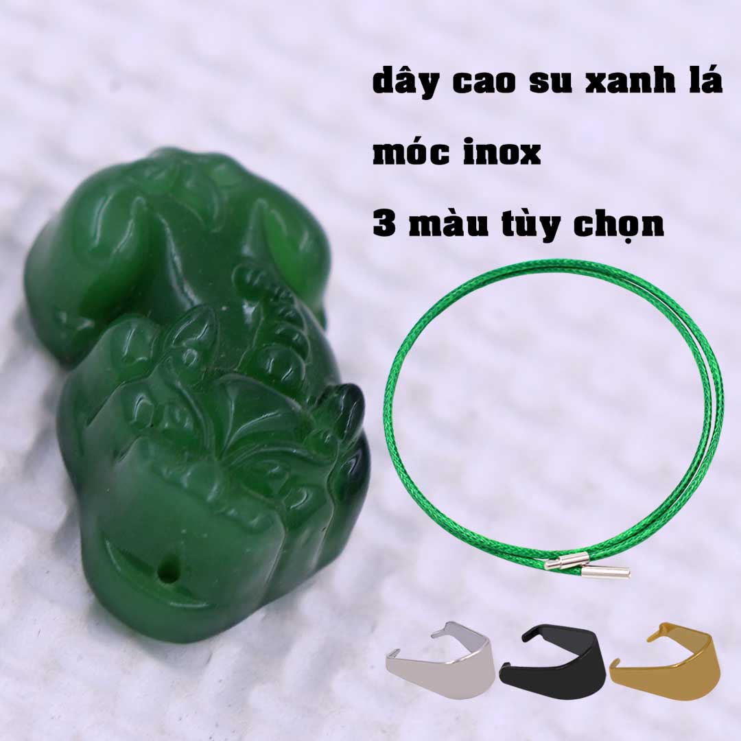 Mặt dây chuyền tỳ hưu đá xanh 3.1 cm  kèm vòng cổ dây cao su xanh lá + móc inox vàng, mặt Tỳ hưu