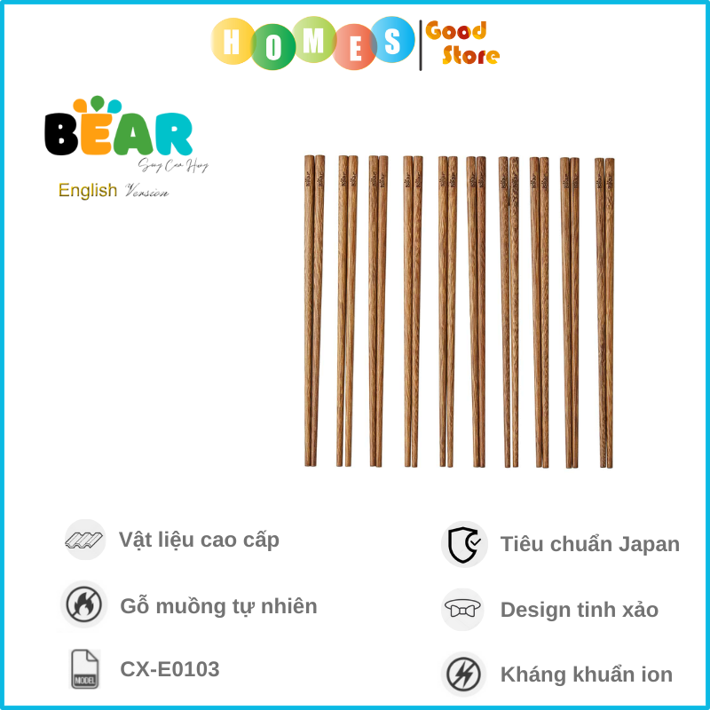 Bộ Đũa Ăn 10 Đôi Gỗ Muồng Tự Nhiên Không Hóa Chất Cao Cấp BEAR CX-E0103 Chống Mốc - Hàng Chính Hãng