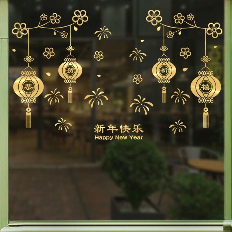 Decal trang trí Tết - Cành Mai Lồng đèn Ánh Vàng size lớn