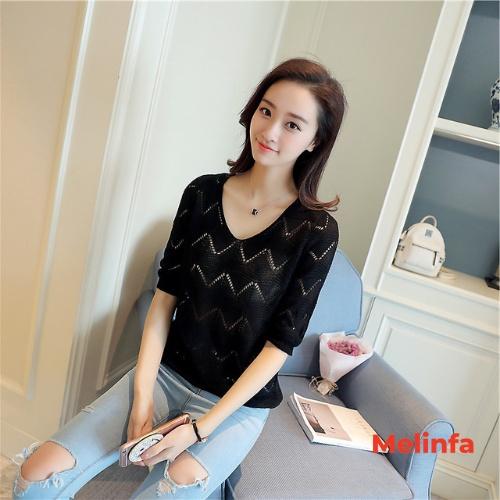 Áo len mỏng nữ cổ V tay lửng dập lỗ len dệt kim mềm mịn co giãn mặc mùa hè mã VAA0314