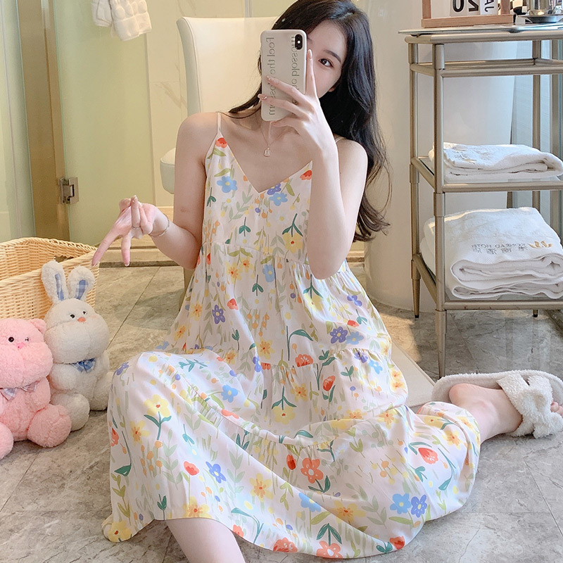 Váy 2 dây cho nữ mặc nhà vải lanh mềm mát, dáng xòe, nhiều họa tiết, freesize từ 45 đến 75 kg