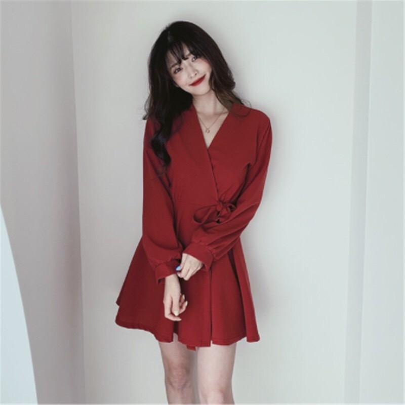 Đầm Nữ Xinh Dài Tay Cổ V Thắt Nơ Tôn Dáng