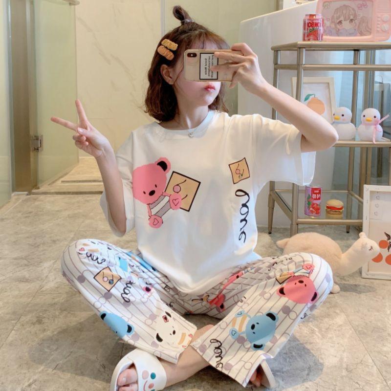 Đồ Bộ Pyjama Dài Tay, Đồ Ngủ Mặc Nhà Pizama Nữ Siêu Dễ Thương Quảng Châu, họa tiết hoạt hình gấu dễ thương