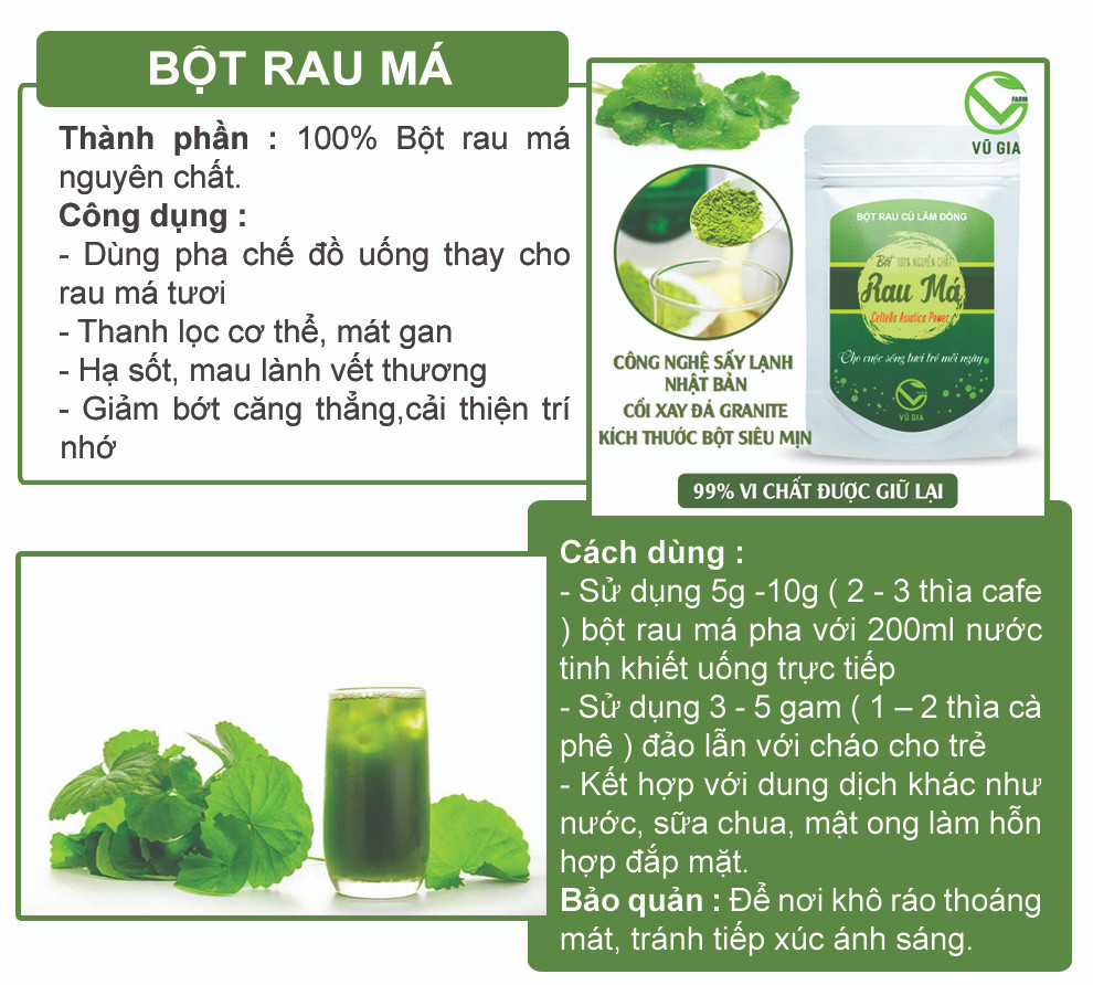 Bột Rau Má Sấy Lạnh Nguyên Chất Vũ Gia - Thanh lọc cơ thể, mát gan, giảm bớt căng thẳng, cải thiện trí nhớ, giảm mụn do nóng trong, hạ sốt, ngăn ngừa ung thư