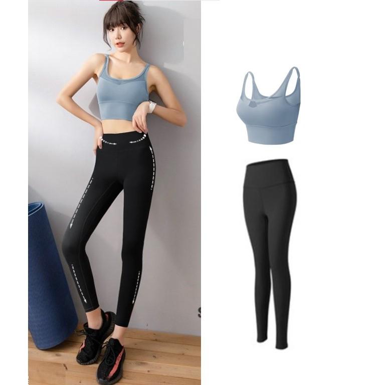 Set quần áo tập gym yoga, bộ đồ tập gym nữ, áo bra lưới lưng sexy và quần dài ôm body