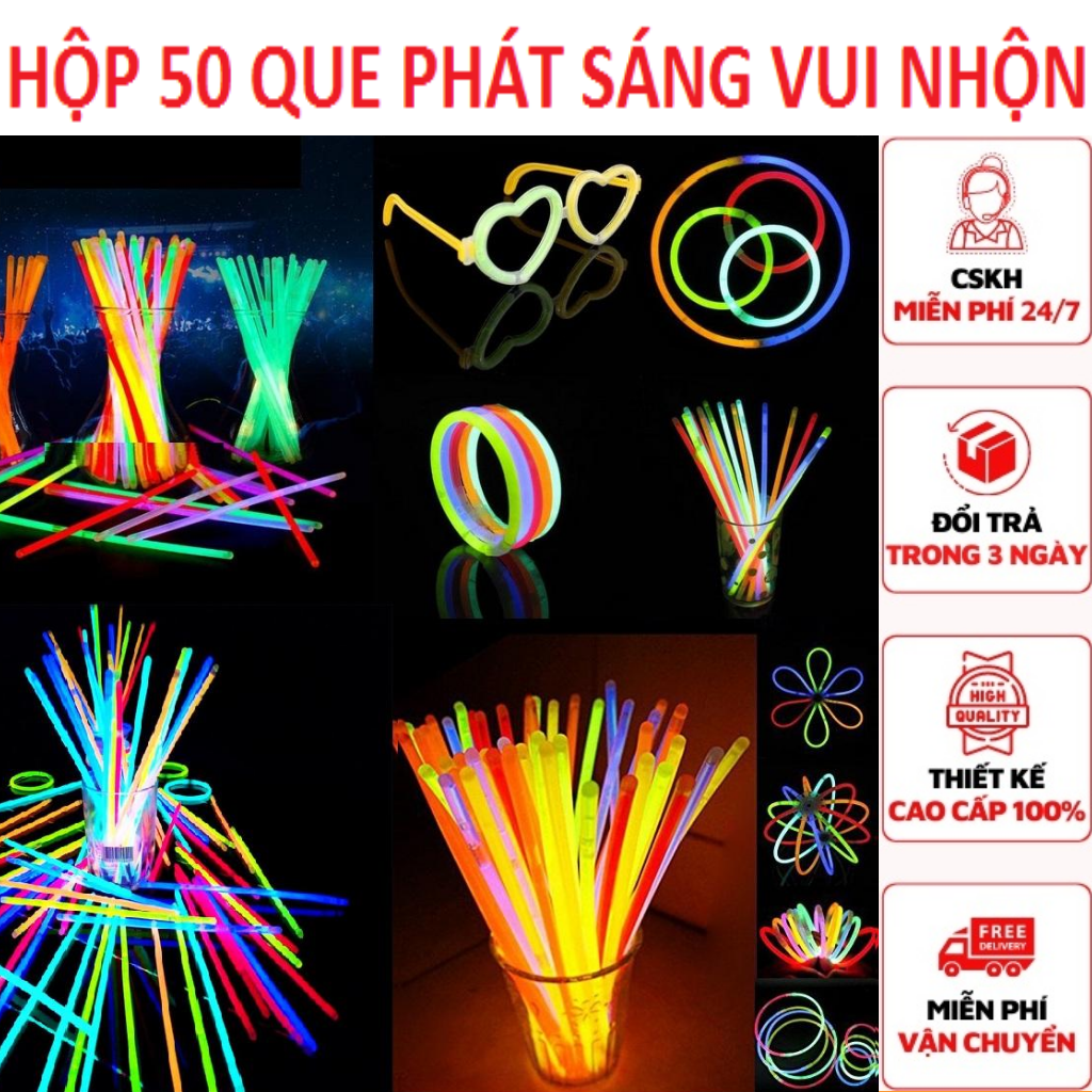 Hộp 50 Que phát sáng dạ quang đủ màu sặc sỡ, lightstick  Mềm dẻo, dễ uốn