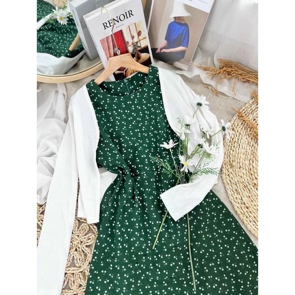 CM - SET ĐẦM XANH HOA NHÍ TAY NGẮN KÈM KHOÁC TRẮNG