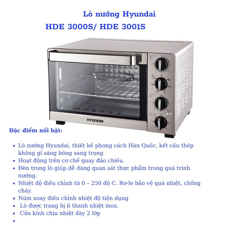 Lò Nướng Bếp Nướng Điện Đa Năng Hyundai HDE 3000S/ HDE 3001S Dung Tích 30L/35L Thương Hiệu Hàn Quốc - Hàng Chính Hãng Hyundai