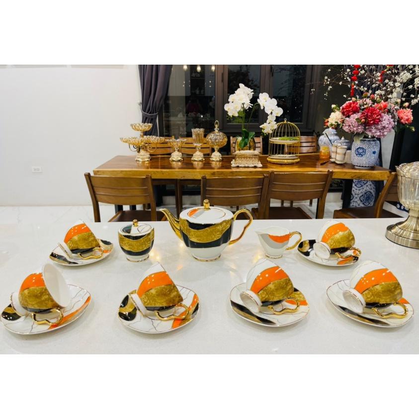 Bộ ấm chén sứ xương viền vàng cao cấp kèm bình đường rót sữa, bộ ấm pha trà kèm giá treo sang trọng.