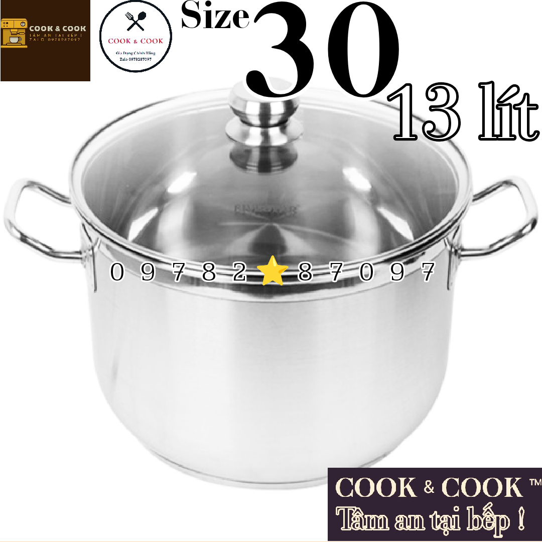 Nồi luộc gà inox 3 đáy nắp kính size 30 cm dung tích 13 LÍT sử dụng trên bếp từ