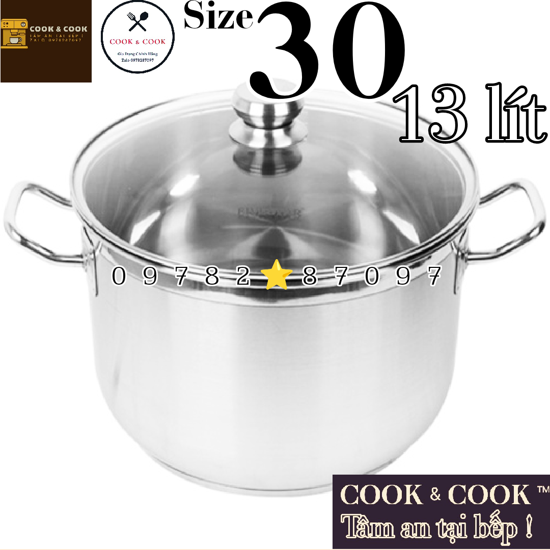 Nồi luộc gà inox 3 đáy nắp kính size 30 cm  dung tích 13 LÍT sử dụng trên bếp từ