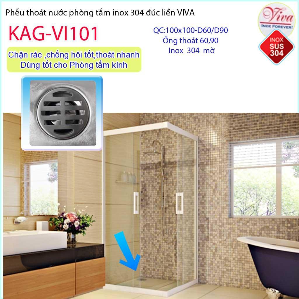 Phễu thoát sàn Viva 10x10 cm KAG-VI101 ống thoát 60mm chống mùi hôi inox 304, thoát sàn inox đúc dày thoát nước nhanh ch