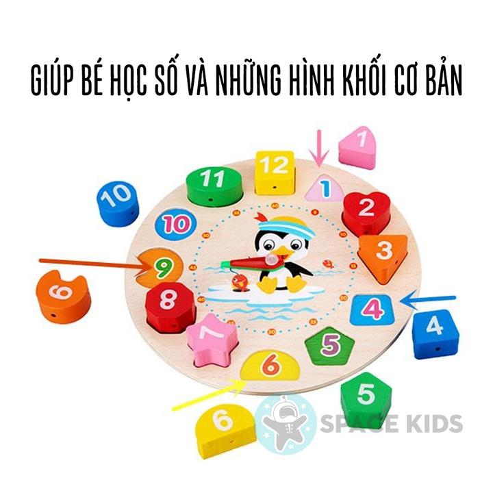 Đồ chơi gỗ thông minhg Đồng hồ gỗ xỏ dây cho bé học số, hình khối, màu sắc và học xem giờ