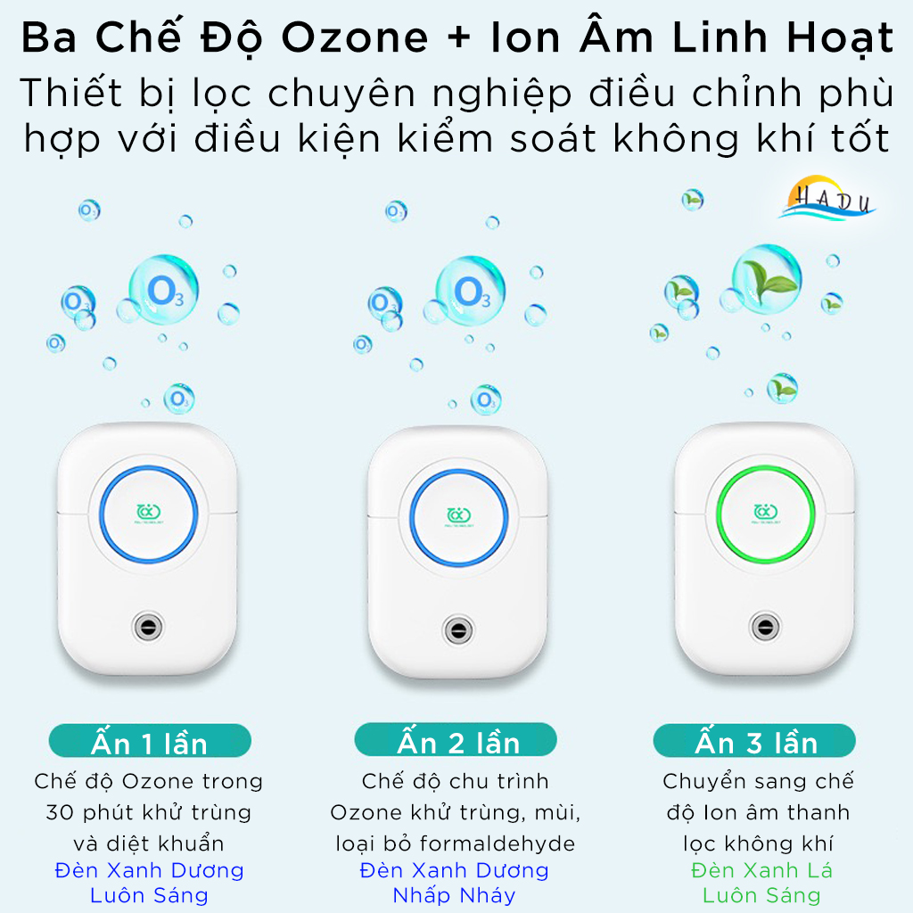 Máy Khử Mùi Nhà Vệ Sinh Phòng Khách Chó Mèo Diệt Khuẩn Ozone Lọc Không Khí Ion Âm Cao Cấp HADU