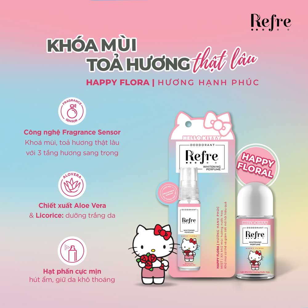 Lăn khử mùi hương nước hoa Refre Whitening Perfume Happy Flora - Hương Hạnh Phúc 40ml (Phiên bản Hello Kitty giới hạn) + Tặng móc khóa Hello Kitty xinh xắn