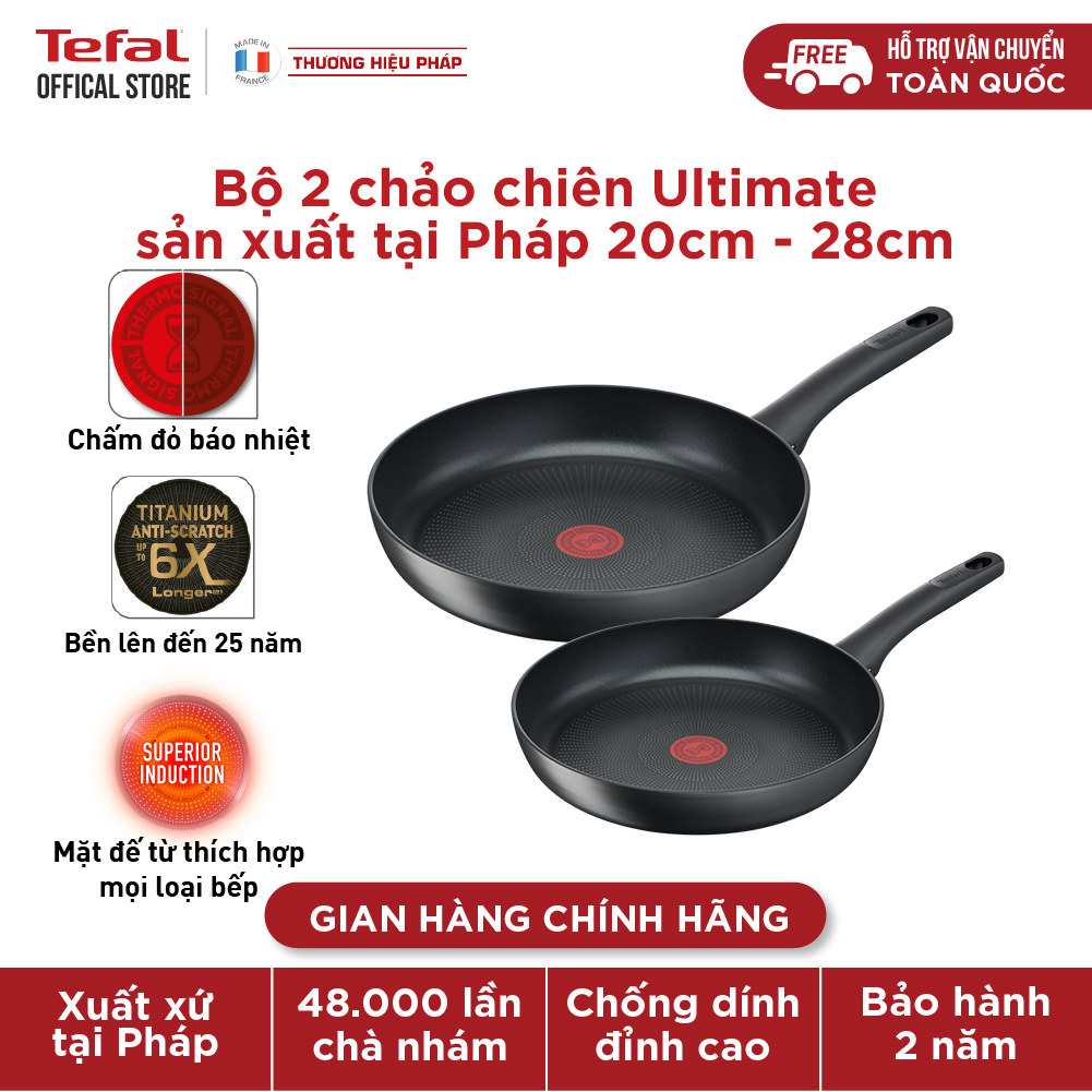 Bộ 2 chảo chiên chống dính đáy từ Tefal Ultimate sản xuất tại Pháp dùng cho mọi loại bếp (20cm, 28cm) - Hàng chính hãng