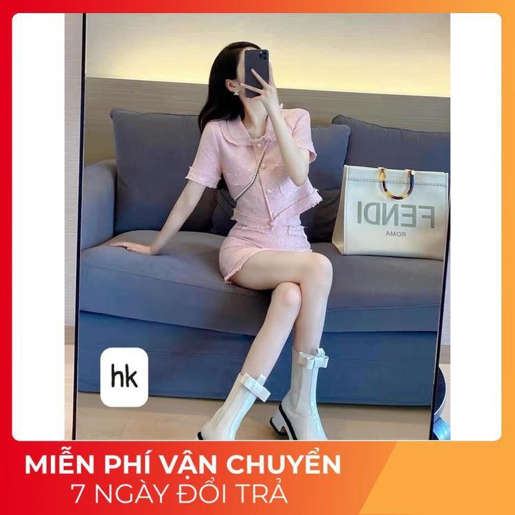 Set váy áo dạ nhũ hông chân váy ngắn
