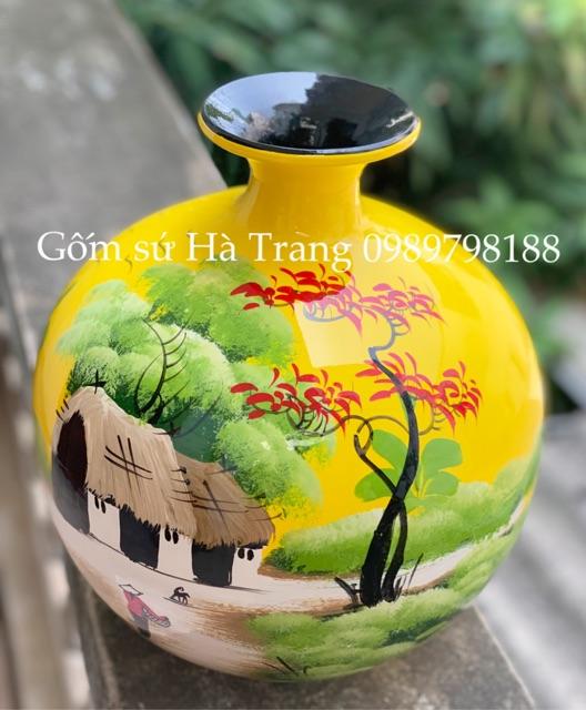 Bình hút tài lộc gốm sơn mài Bát Tràng vẽ hoạ tiết làng quê Việt Nam cao 32cm