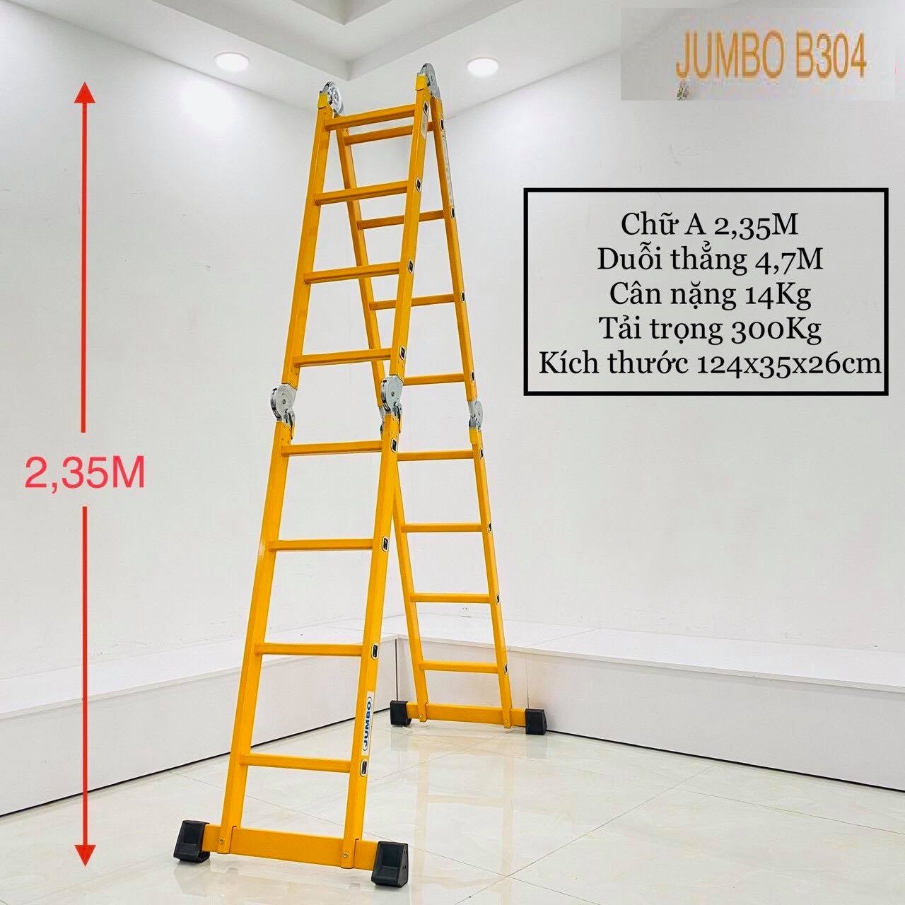 Thang Chữ A, Thang nhôm gấp 4 đoạn JUMBO B304, chữ A - 2.26m, chữ I - 4.7m, 14 tư thế sử dụng, tải trọng 300kg - Chắc chắn, tiện dụng - Sơn vàng tĩnh điện chống trầy xước rỉ sét - Luôn có phụ kiện thay thế