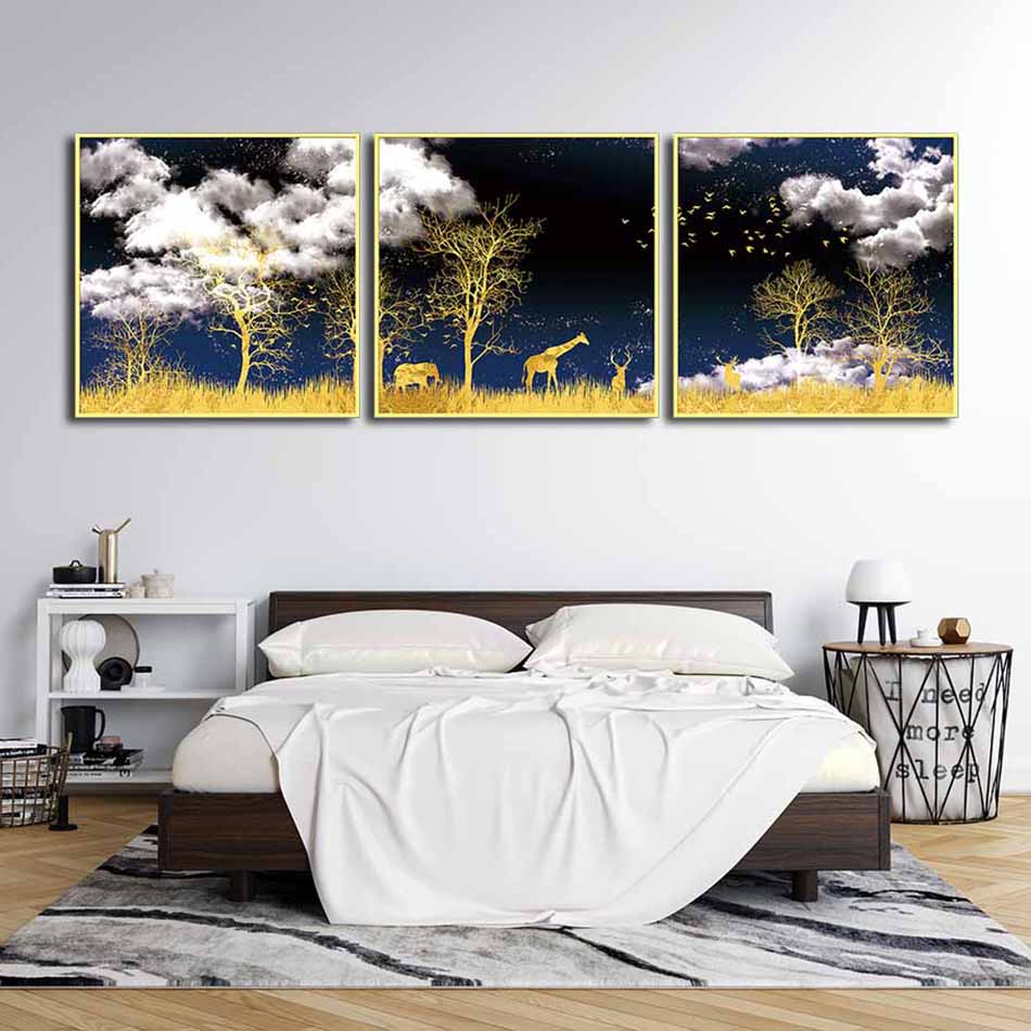 Bộ 3 tranh canvas treo tường Decor họa tiết cách điệu hươu và rừng cây, phong cách hiện đại - DC033