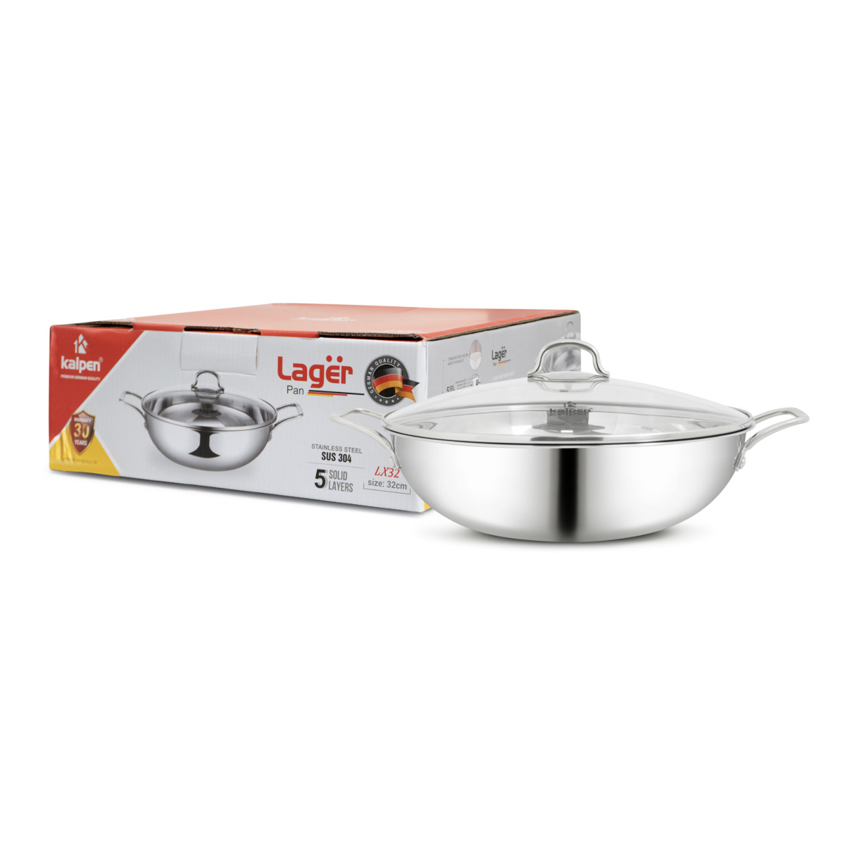 Chảo xào Inox 5 lớp đúc liền khối Kalpen Lager LX32 size 32cm, bảo hành 30 năm