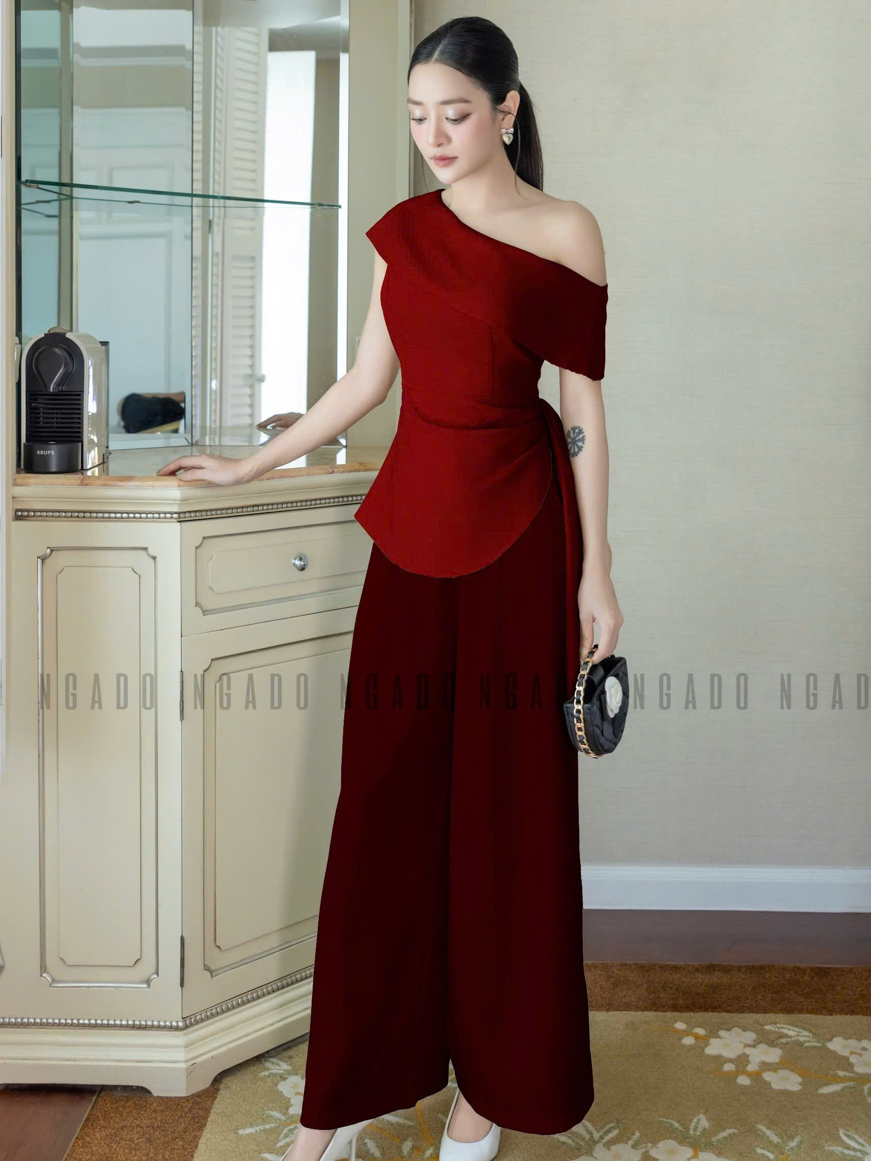 Set áo quần đỏ lệch vai NGADO , set áo quần dài , set bộ Nữ , set công sở , dự tiệc