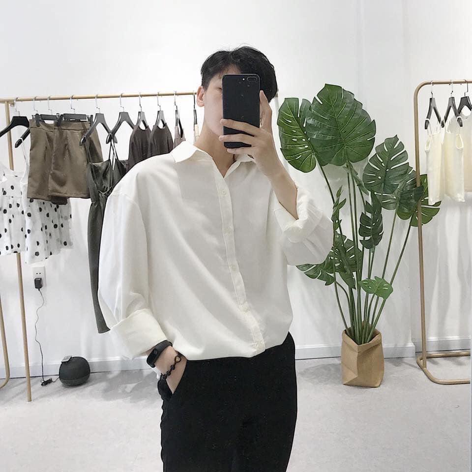 Áo Sơ Mi Trơn thun Dầy Dặn Tay Dài Nam Cho Tomboy Trắng Đen Form Rộng Bigsize Unisex Cao Cấp Đi Học Công Sở Nguyễn Nguyên