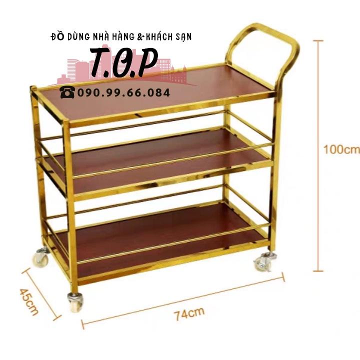 Xe Đẩy Phục Vụ Rượu Trà, Thức Ăn 3 Tầng Inox Vàng Và Gỗ.