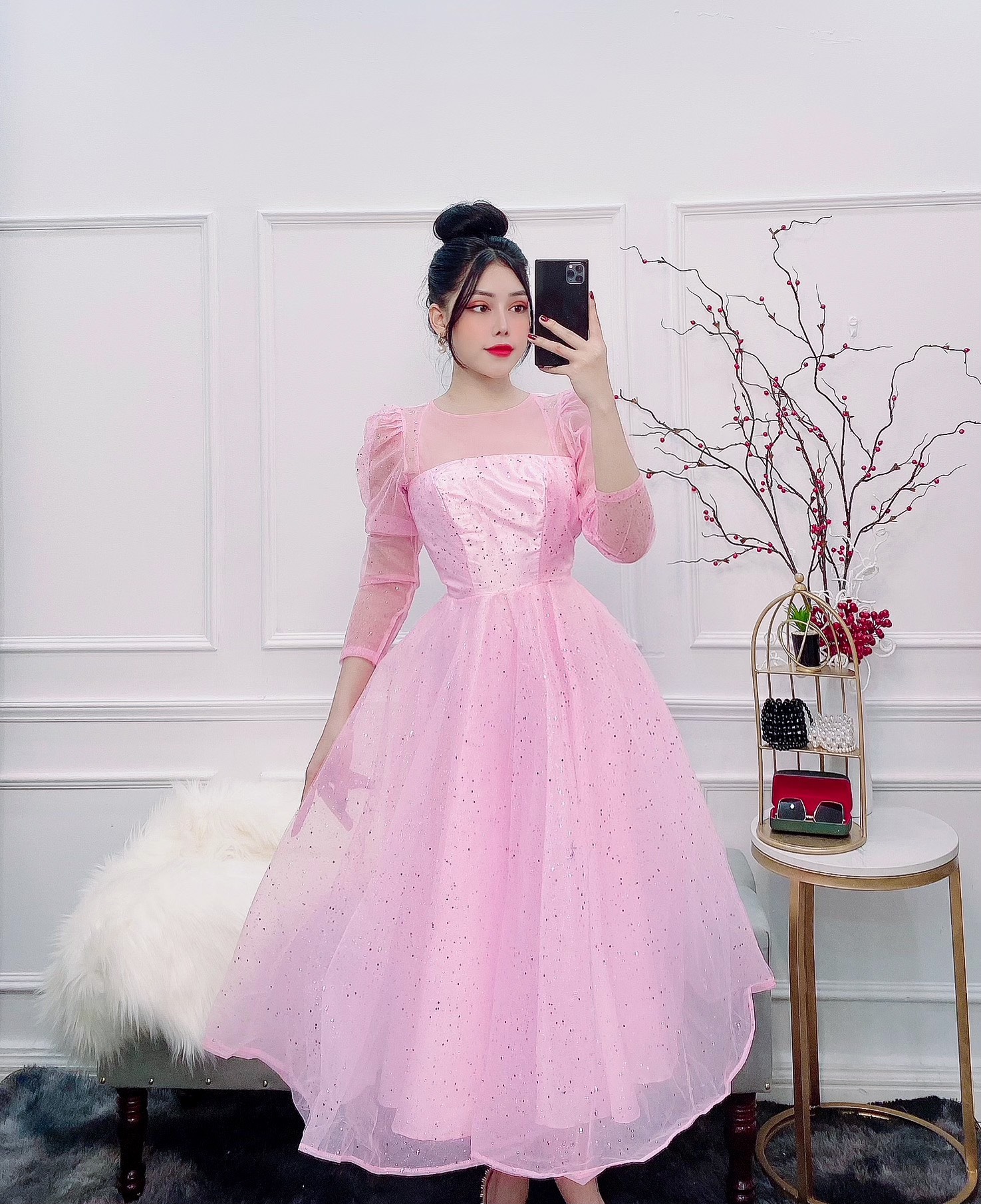 Đầm dự tiệc công chúa tay dài lưới kim tuyến TRIPBLE T DRESS - size M/L - MS138Y