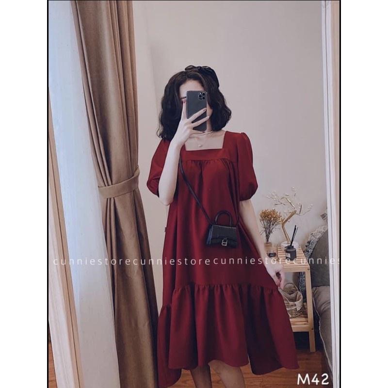 Váy maxi chất đũi freesize đuôi cá dáng rộng buộc dây sau - Đầm bầu from rộng hai màu đen, đỏ