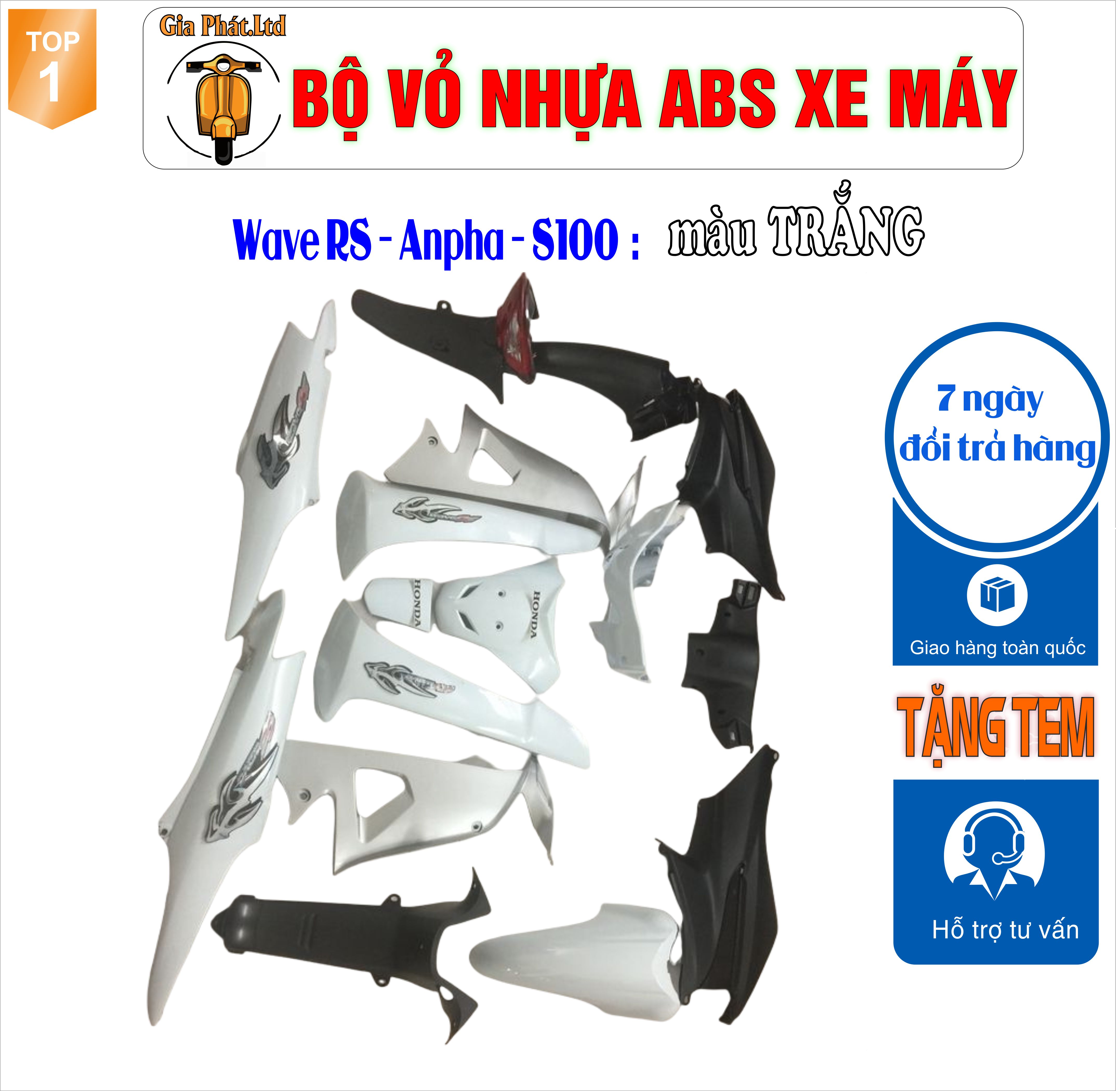 [tặng tem] Dàn áo màu Trắng gắn xe Wave RS - wave alpha - wave s100, nhựa ABS nguyên sinh _TKB_529(8015)